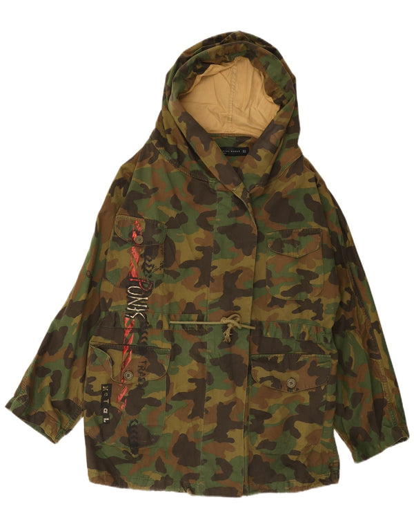 Zara Womens Graphic Hooded Parka Jacket UK 14 Medium Khaki Camouflage