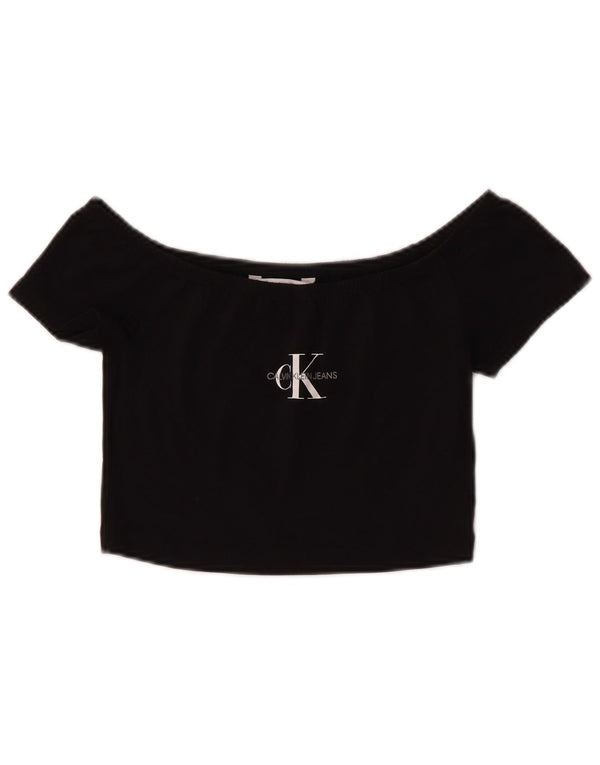 Calvin Klein Jeans Womens Crop Graphic Off Shoulder Top UK 4 XS Black