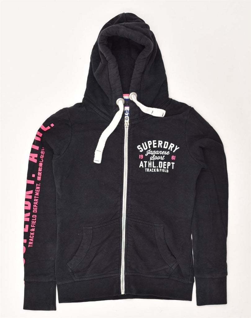 SUPERDRY Womens Graphic Zip Hoodie Sweater UK 10 Small Black Cotton | Vintage Superdry | Thrift | Second-Hand Superdry | Used Clothing | Messina Hembry 