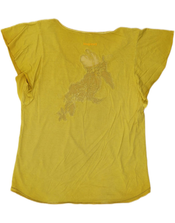 Desigual Womens Graphic T-Shirt Top UK 16 Large Yellow Floral