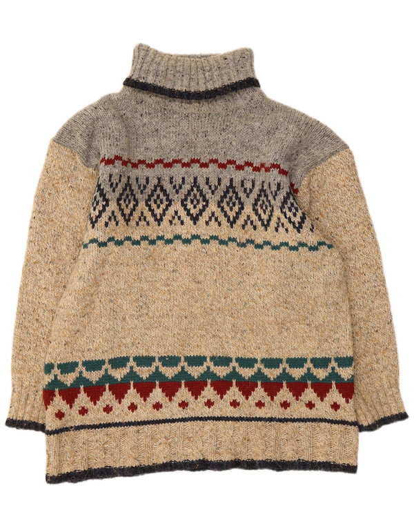 Vintage Mens Roll Neck Jumper Sweater One Size Beige Fair Isle Acrylic