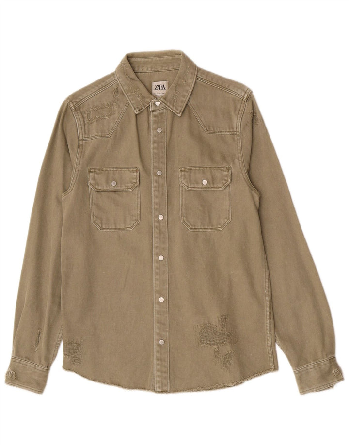 Zara Mens Distressed Relaxed Fit Denim Shirt Small Khaki Cotton