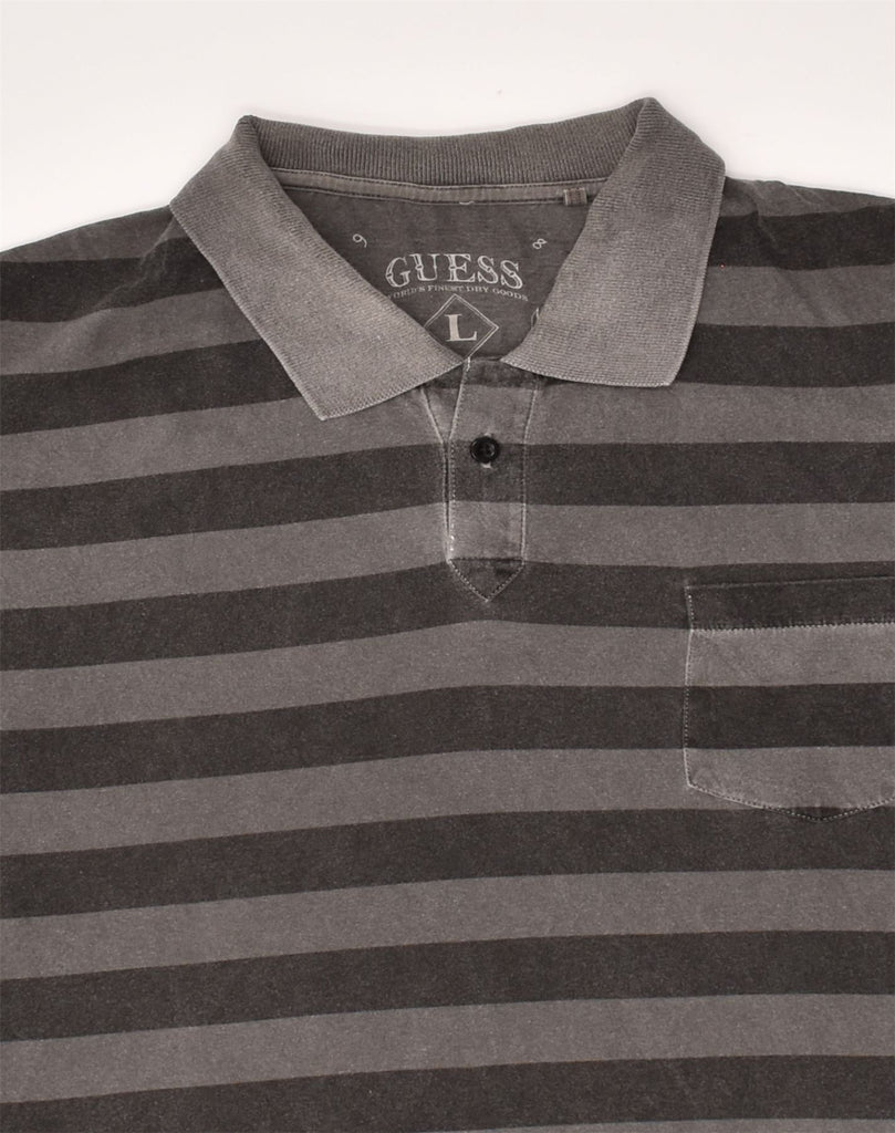 GUESS Mens Graphic Polo Shirt Large Grey Striped Cotton | Vintage Guess | Thrift | Second-Hand Guess | Used Clothing | Messina Hembry 