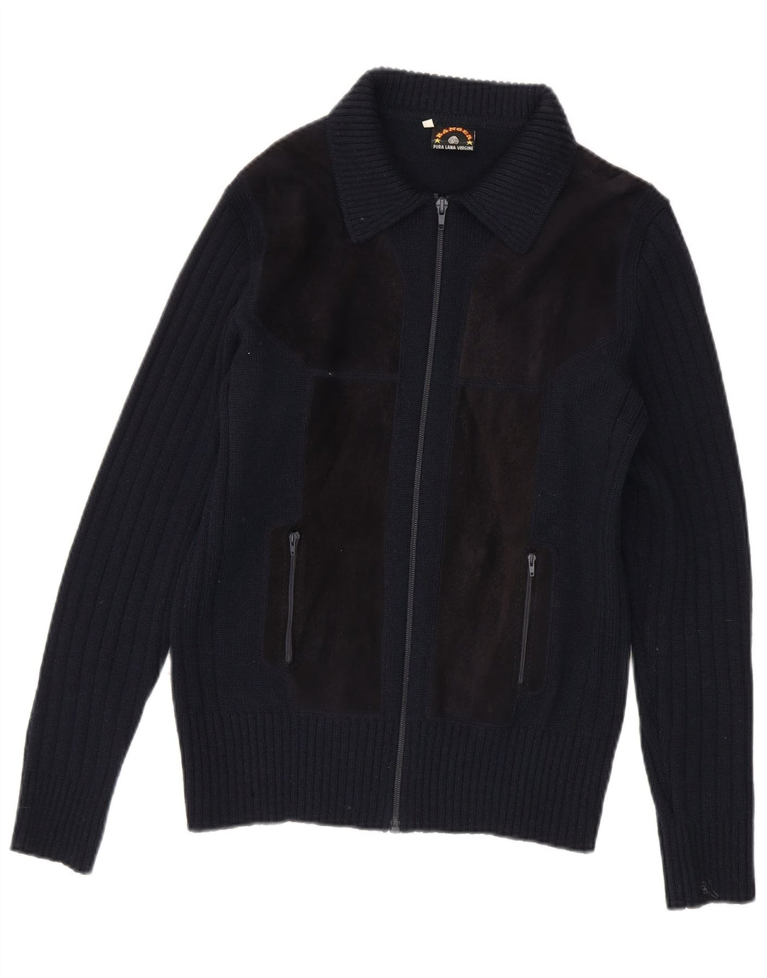 Ranger Mens Cardigan Sweater IT 50 Medium Navy Blue Colourblock Virgin Wool