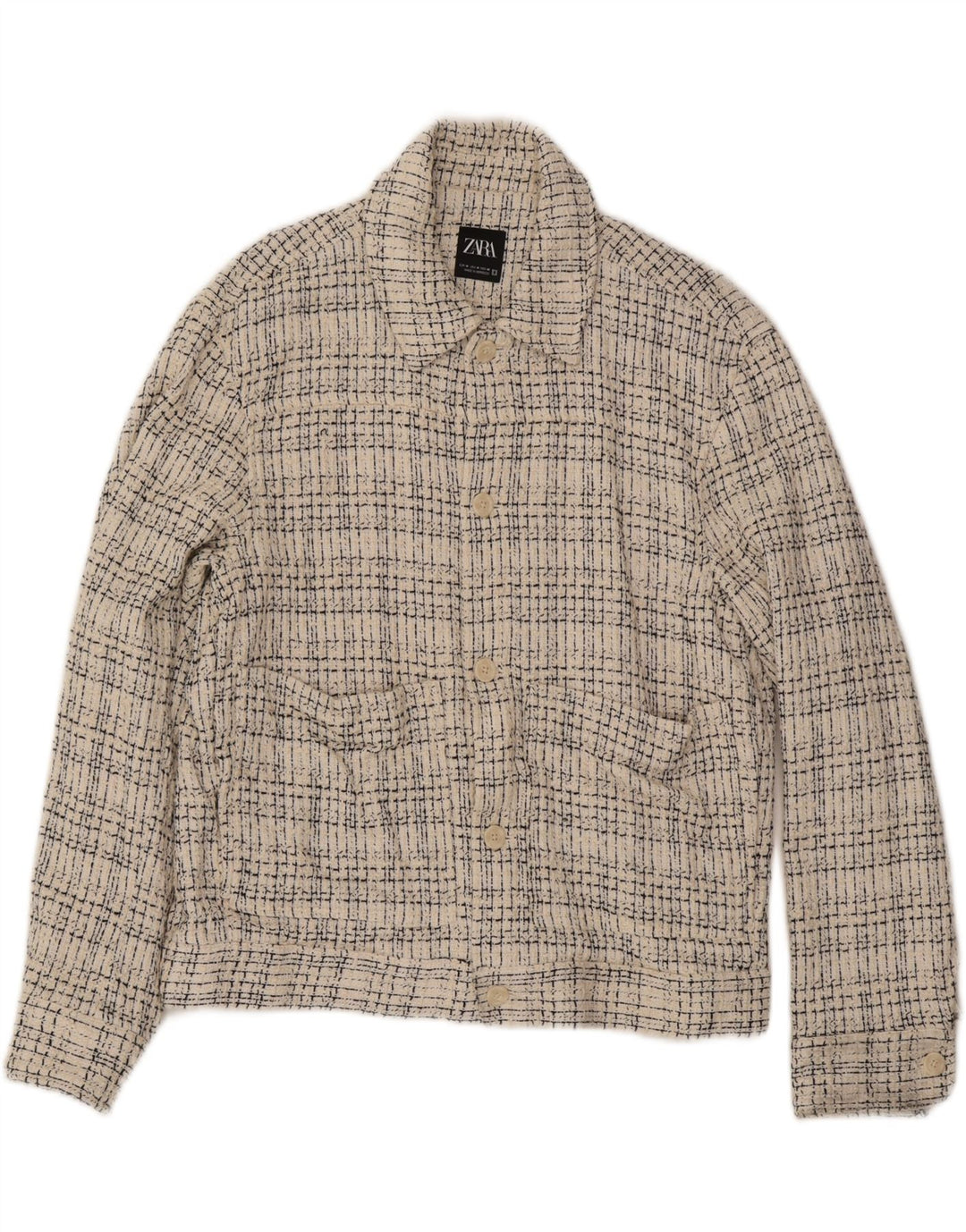 Zara Mens Bomber Jacket UK 38 Medium Off White Check Cotton