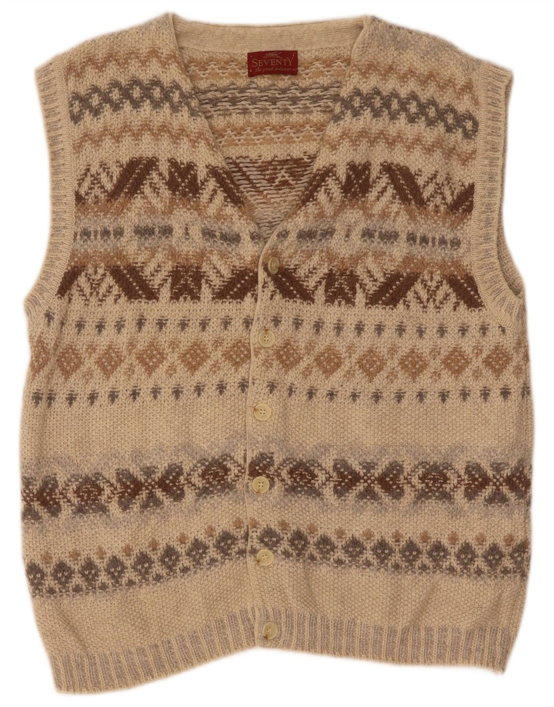 Seventy Mens Sleeveless Cardigan Sweater Large Beige Geometric Wool