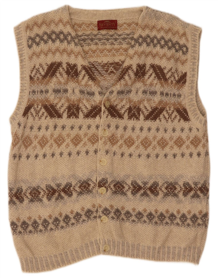 Seventy Mens Sleeveless Cardigan Sweater Large Beige Geometric Wool