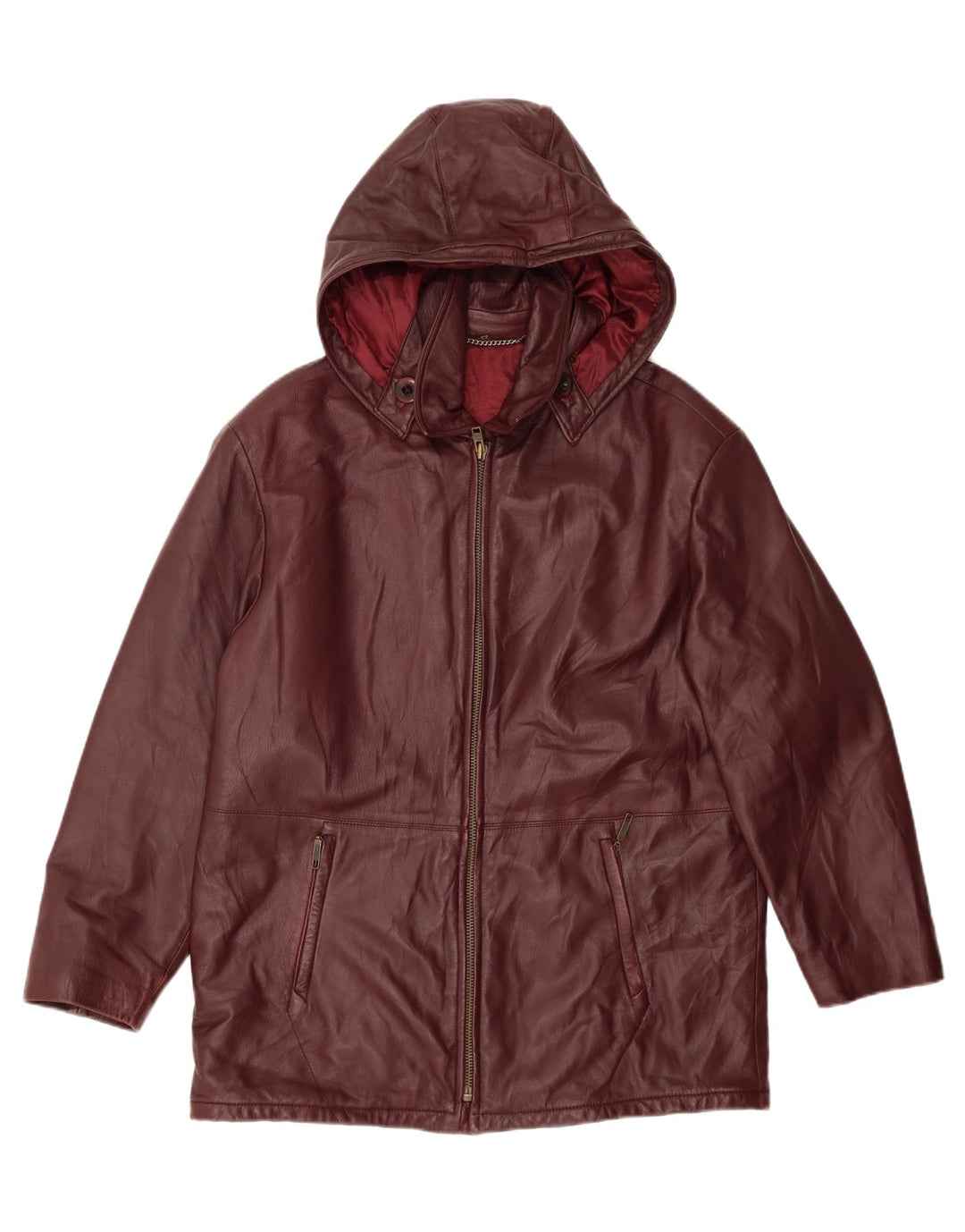 VINTAGE Womens Hooded Leather Jacket IT 48 XL Burgundy Leather