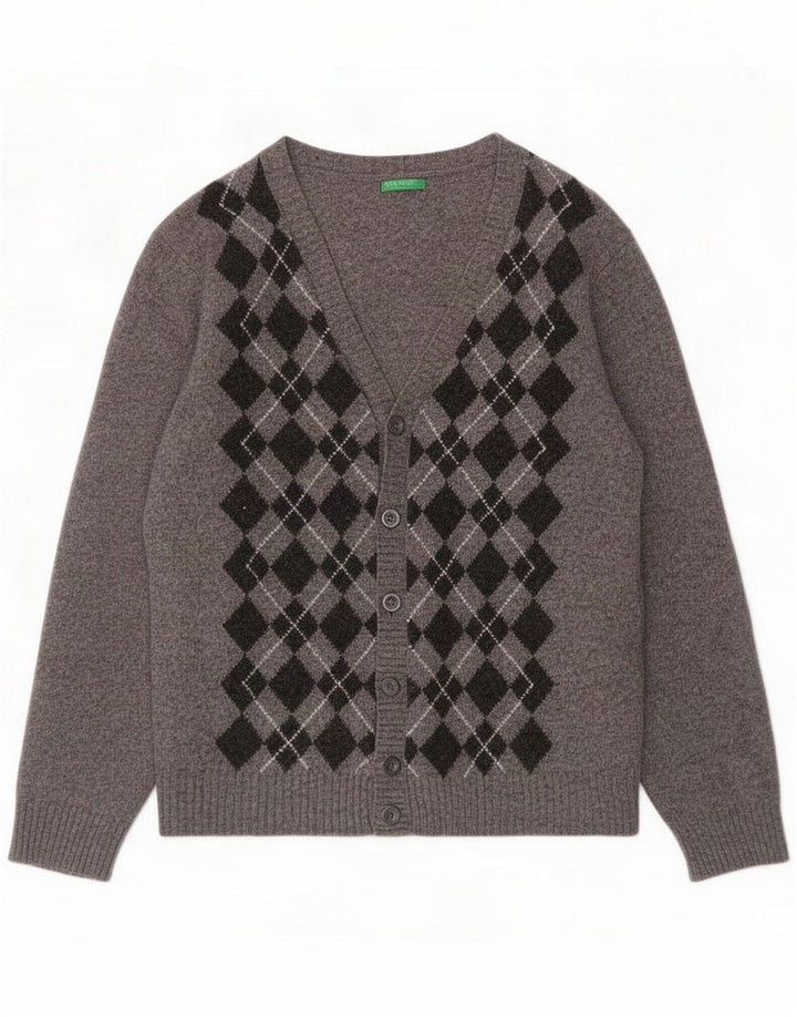 Benetton Mens Cardigan Sweater Medium Grey Argyle/Diamond Wool