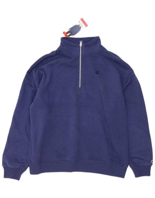 Champion Mens Zip Neck Sweatshirt Jumper Medium Navy Blue Cotton