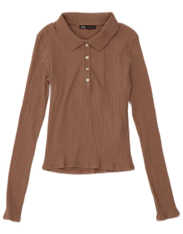 Zara Womens Crop Long Sleeve Polo Shirt UK 8 Small Brown Cotton