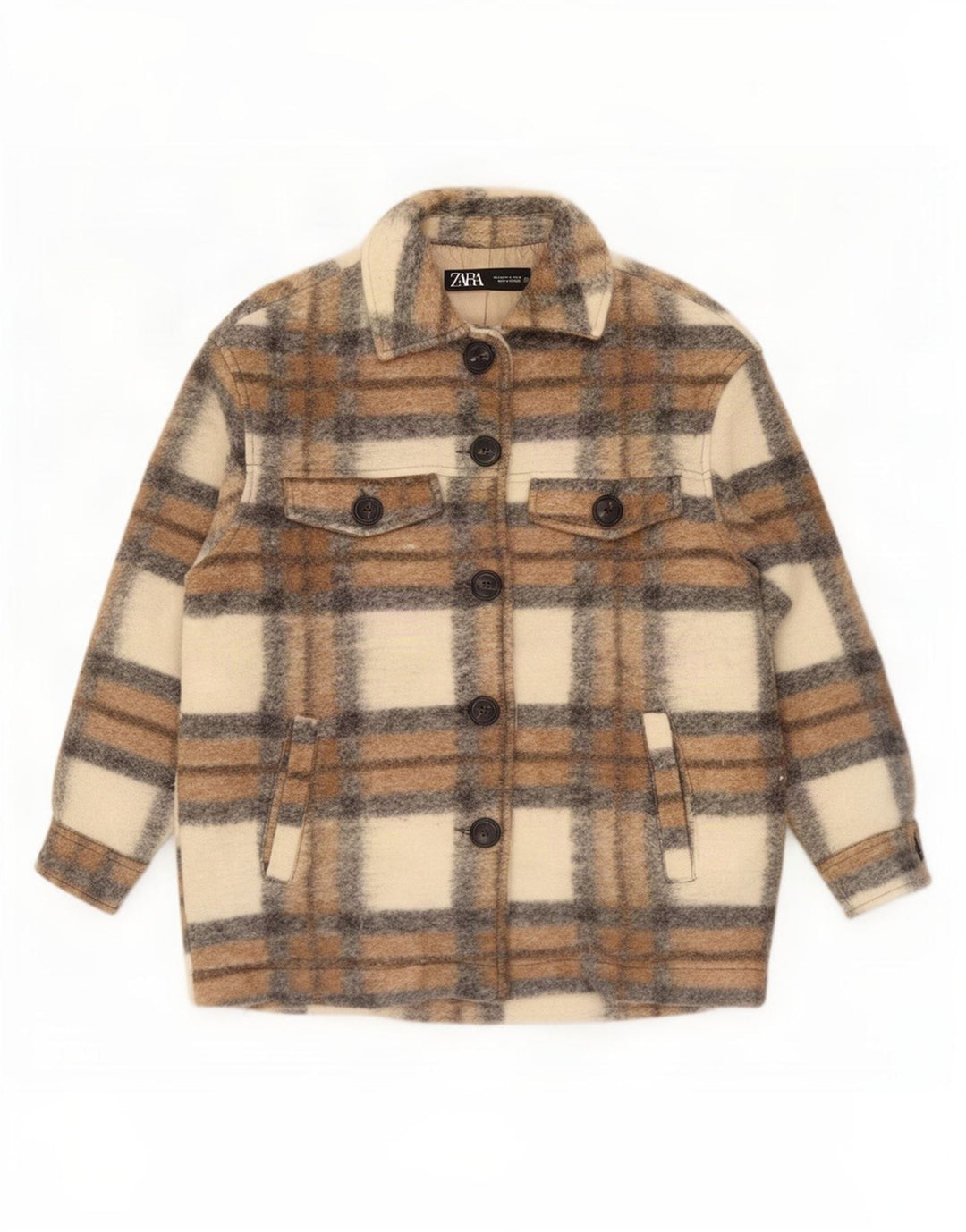Zara Womens Oversized Utility Jacket UK 14 Medium Beige Plaid Polyester