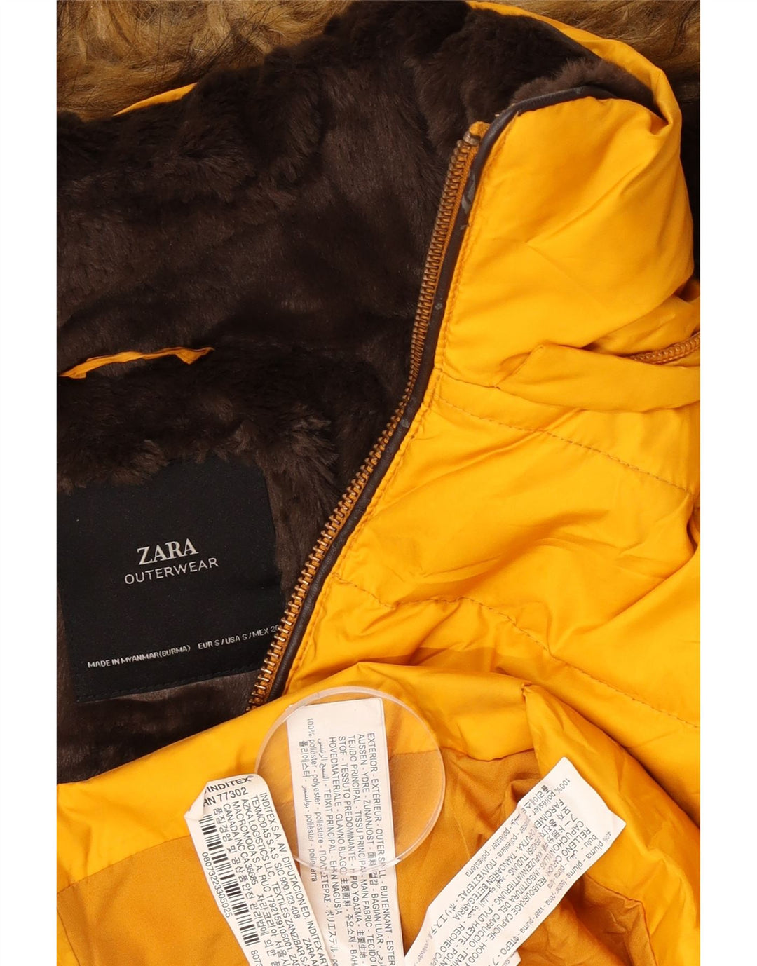 Zara Womens Hooded Padded Jacket UK 10 Small Yellow Polyester