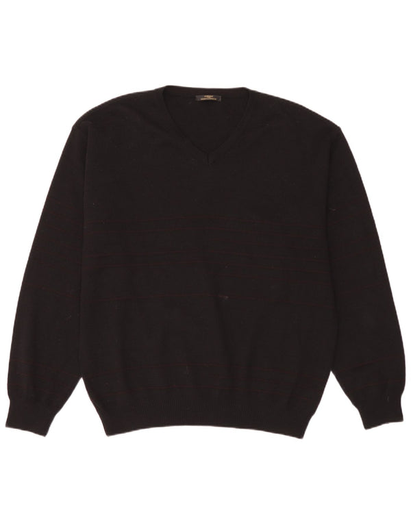 Marks & Spencer Mens V-Neck Jumper Sweater Large Black Striped Wool