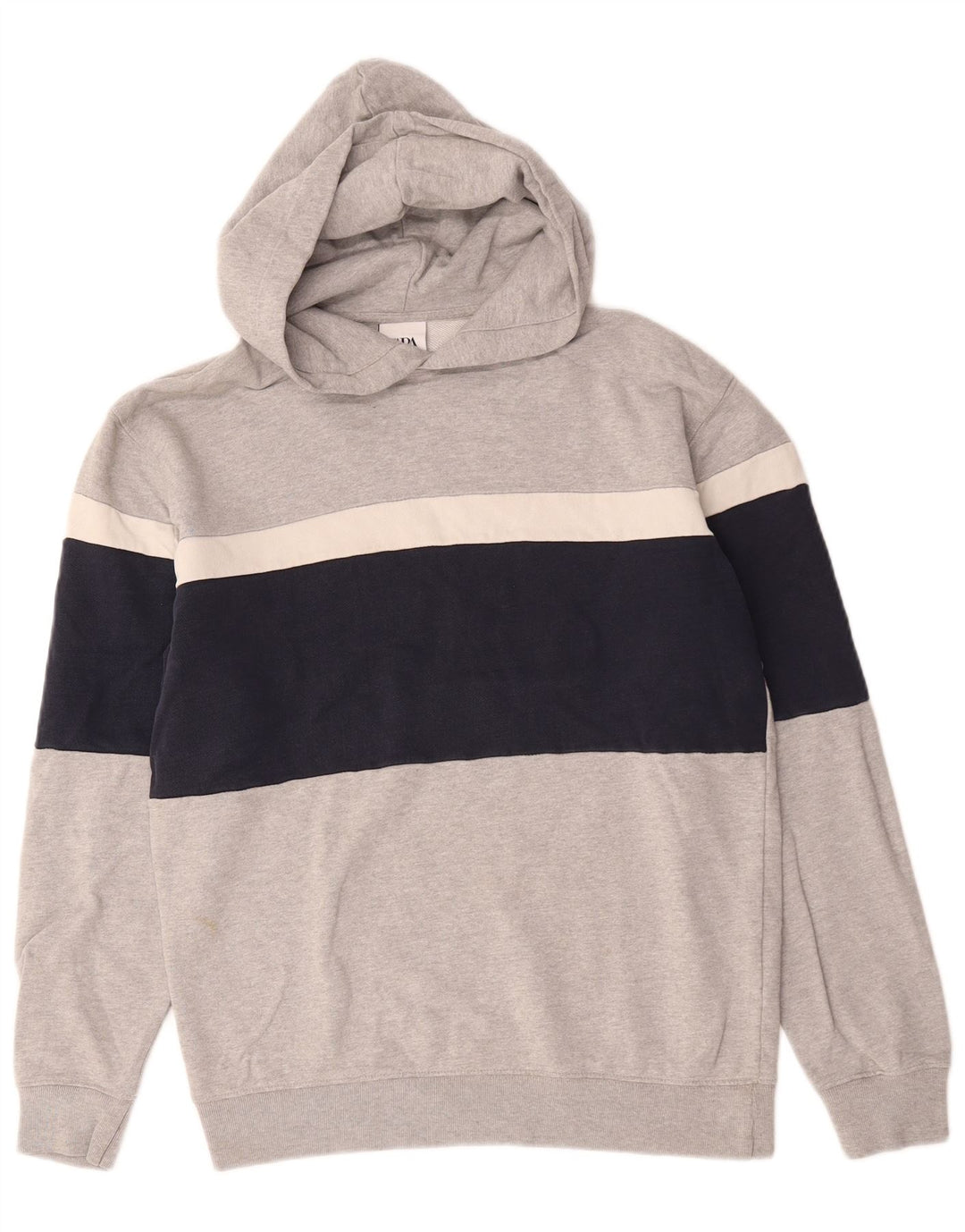 Zara Mens Hoodie Jumper Small Grey Colourblock Cotton