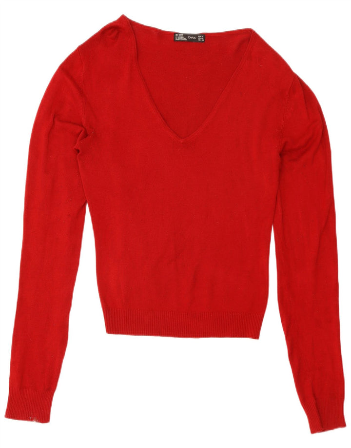 Zara Womens V-Neck Jumper Sweater UK 14 Large Red Rayon