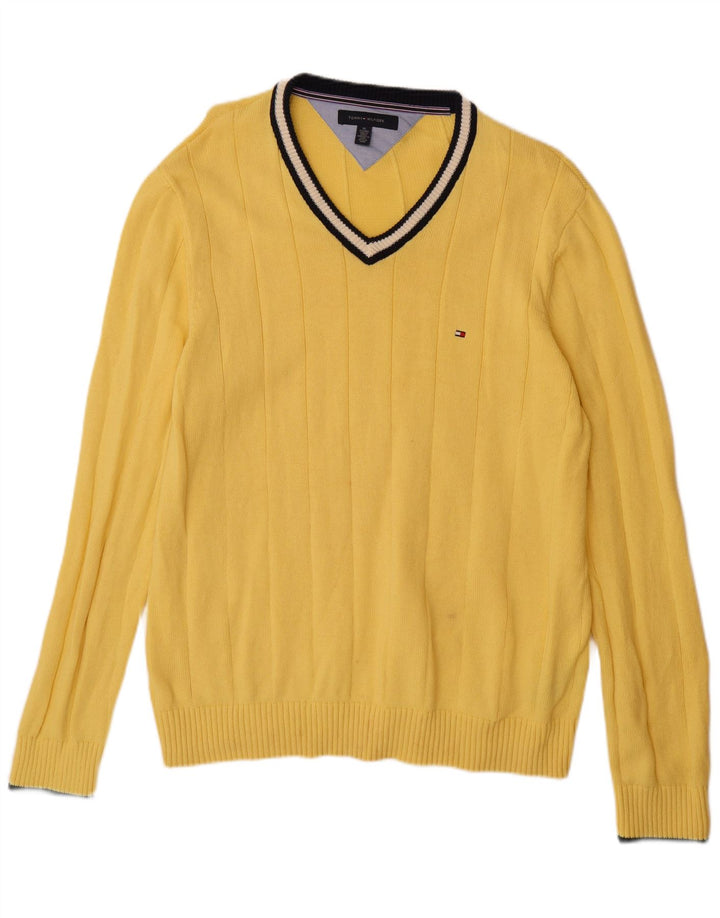 TOMMY HILFIGER Mens V-Neck Jumper Sweater XL Yellow Cotton
