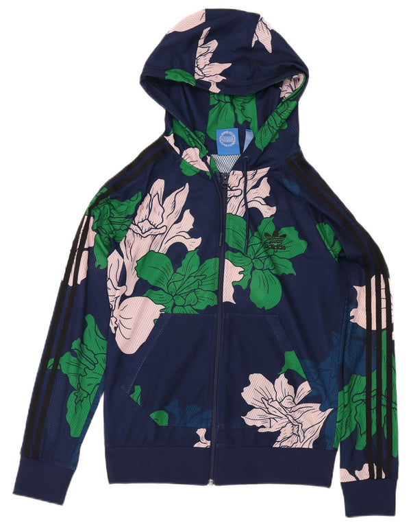 Adidas Womens Zip Hoodie Sweater UK 12 Medium  Navy Blue Floral
