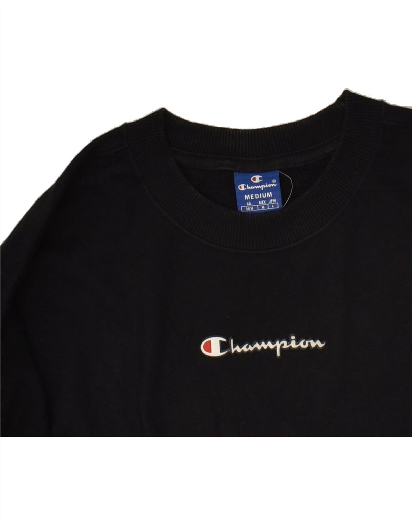 CHAMPION Womens Graphic Crop Sweatshirt Jumper UK 14 Medium Black Cotton | Vintage Champion | Thrift | Second-Hand Champion | Used Clothing | Messina Hembry 