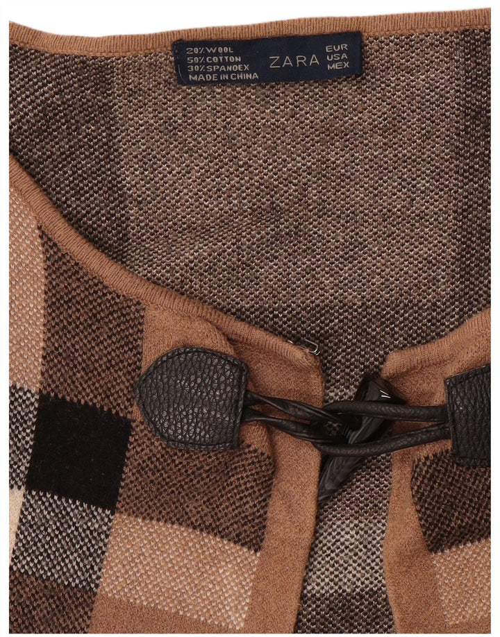 Zara Womens Cardigan Sweater UK 16 Large Brown Check Wool