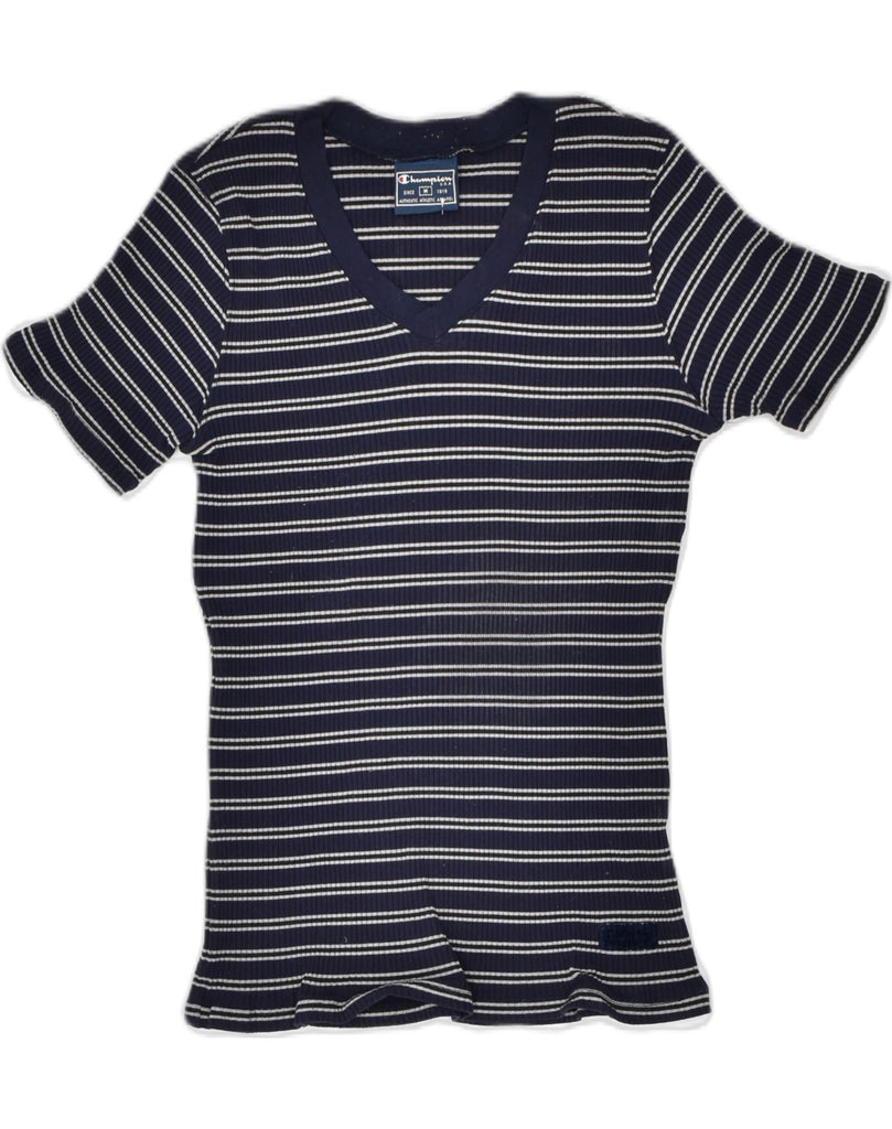 CHAMPION Womens T-Shirt Top UK 12 Medium Navy Blue Striped Nylon | Vintage | Thrift | Second-Hand | Used Clothing | Messina Hembry 