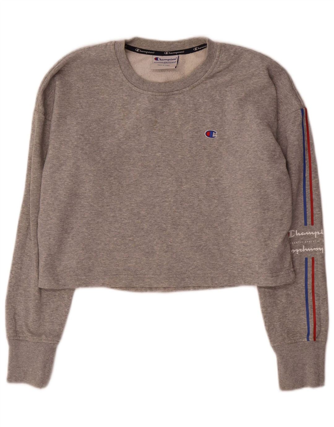 Champion Womens Crop Graphic Sweatshirt Jumper UK 14 Medium Grey Flecked