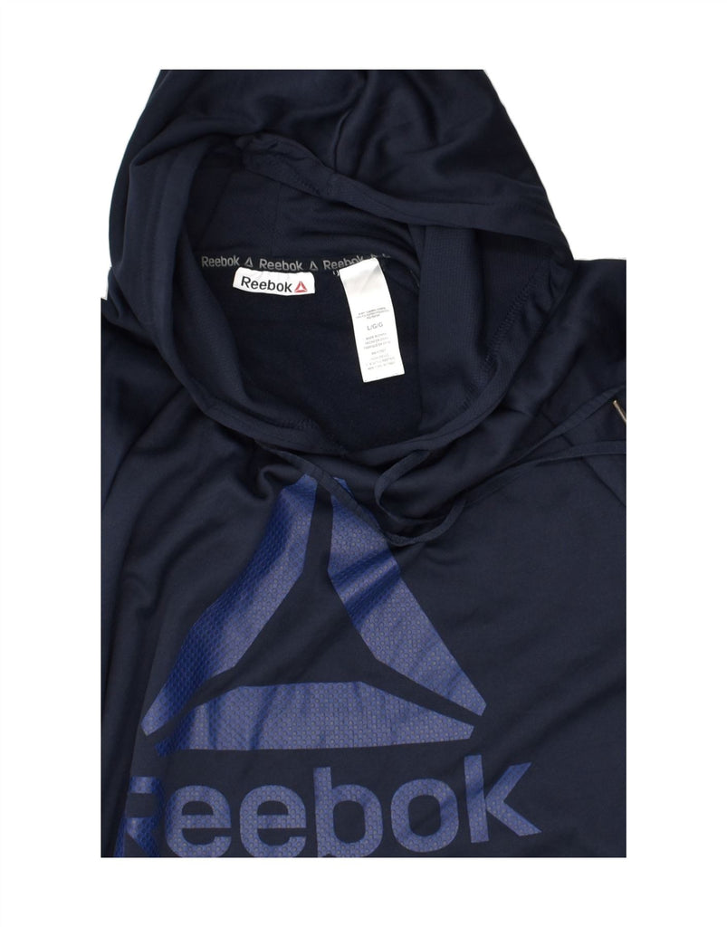 REEBOK Mens Graphic Hoodie Jumper Large Navy Blue Polyester | Vintage Reebok | Thrift | Second-Hand Reebok | Used Clothing | Messina Hembry 