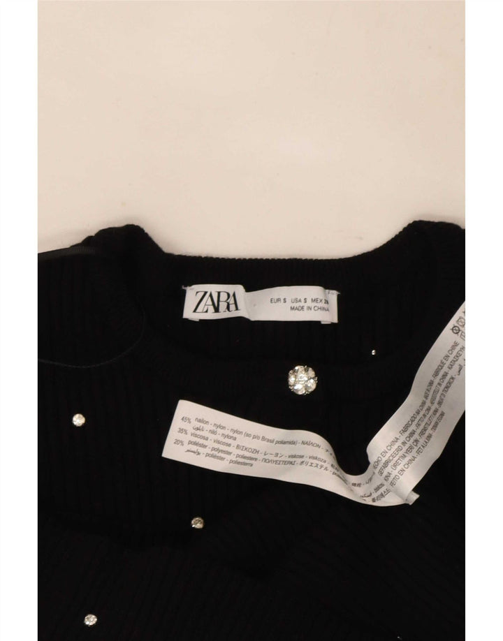 Zara Womens Crop Top UK 8 Small Black Spotted Nylon