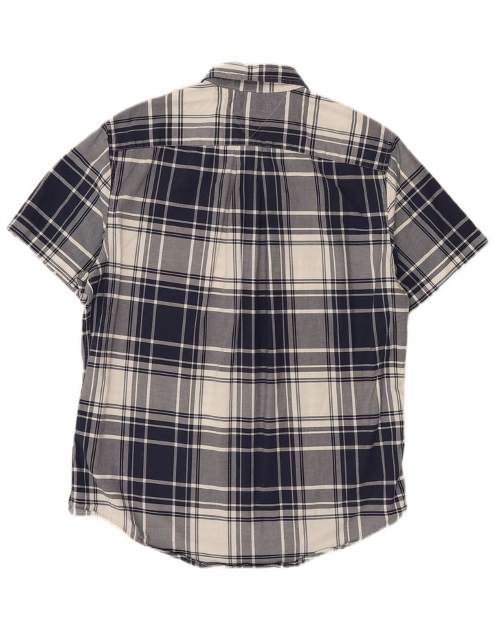 TOMMY HILFIGER Mens Custom Fit Short Sleeve Shirt Medium Navy Blue Plaid