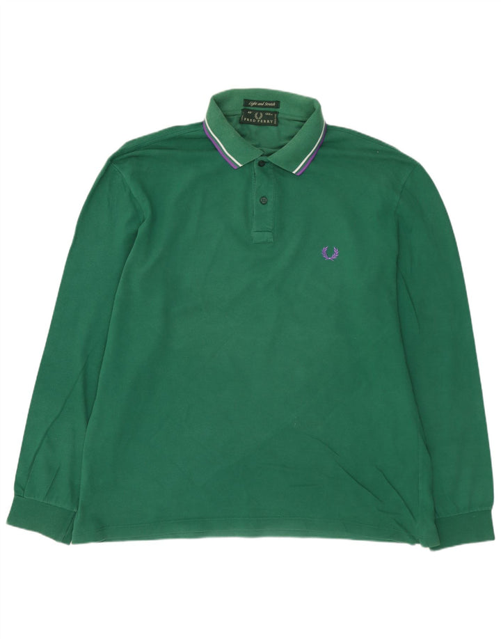 FRED PERRY Mens Long Sleeve Polo Shirt Large Green Cotton