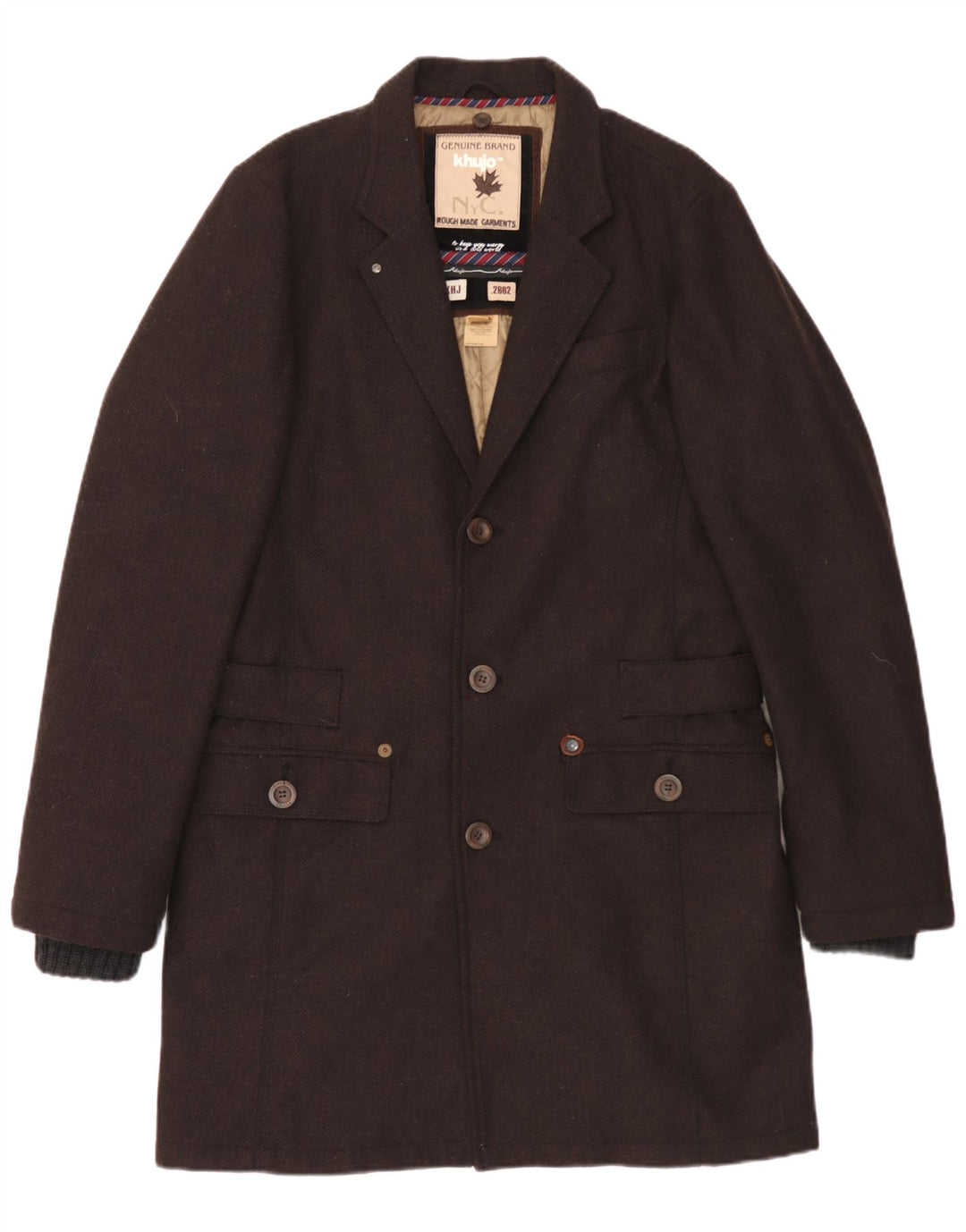 KHUJO Mens Overcoat UK 40 Large Brown Herringbone Polyester