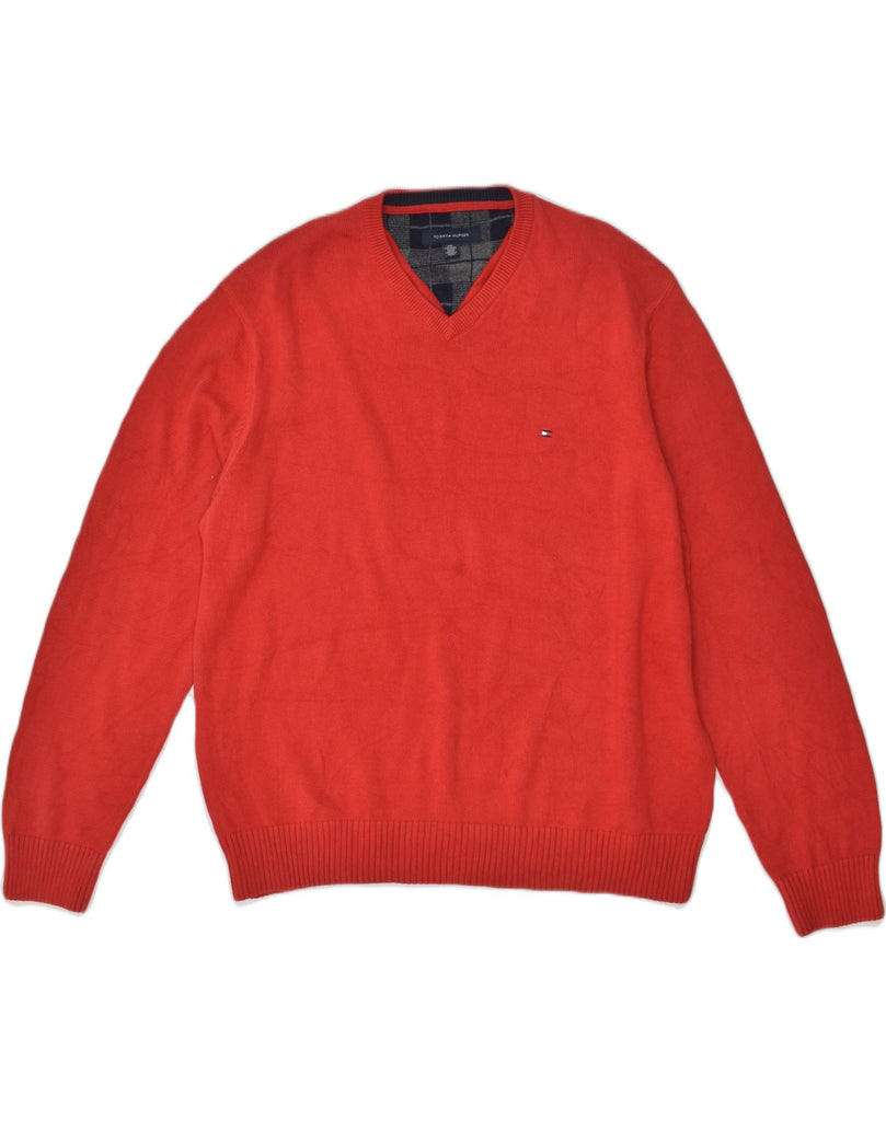 TOMMY HILFIGER Mens V-Neck Jumper Sweater 2XL Red Cotton | Vintage Tommy Hilfiger | Thrift | Second-Hand Tommy Hilfiger | Used Clothing | Messina Hembry 