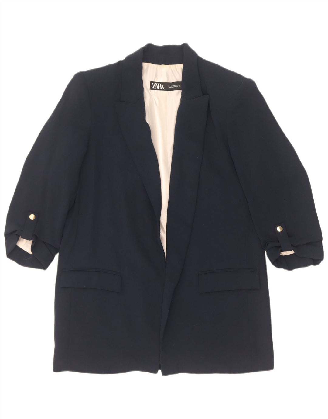 Zara Womens 3/4 Sleeve Open Blazer Jacket UK 14 Medium Navy Blue Polyester