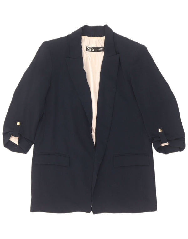 Zara Womens 3/4 Sleeve Open Blazer Jacket UK 14 Medium Navy Blue Polyester