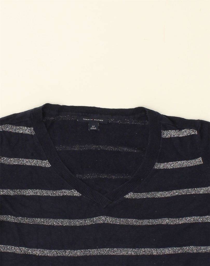 TOMMY HILFIGER Womens V-Neck Jumper Sweater UK 10 Small Navy Blue Striped | Vintage Tommy Hilfiger | Thrift | Second-Hand Tommy Hilfiger | Used Clothing | Messina Hembry 