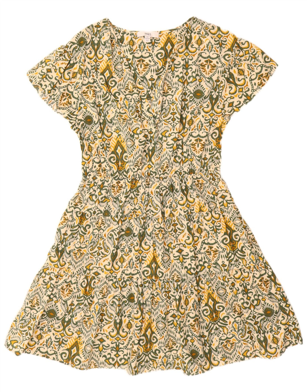 Marks & Spencer Womens Regular A-Line Dress UK 12 Medium Green Ikat Cotton