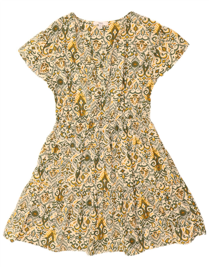 Marks & Spencer Womens Regular A-Line Dress UK 12 Medium Green Ikat Cotton