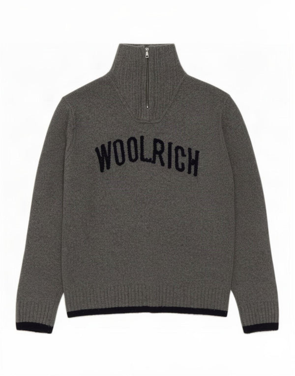 Woolrich Mens Graphic Zip Neck Jumper Sweater XL Grey Wool