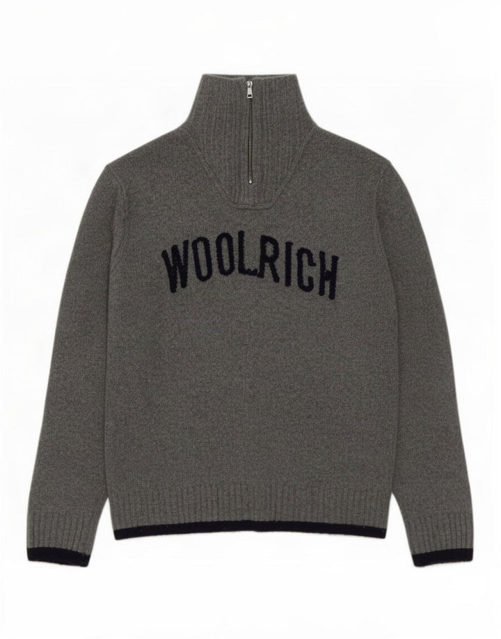 Woolrich Mens Graphic Zip Neck Jumper Sweater XL Grey Wool