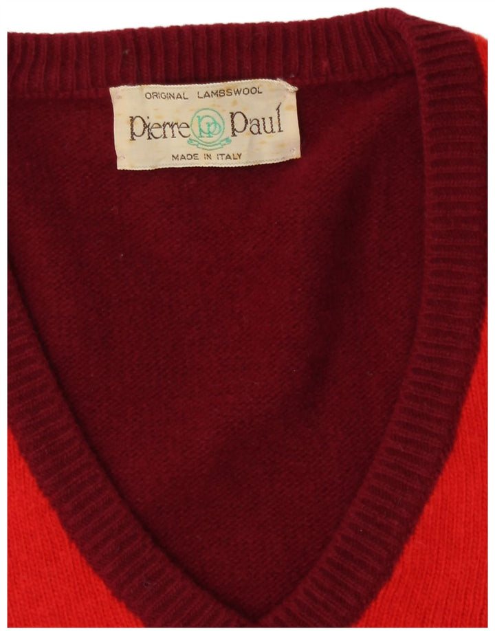 Vintage Mens V-Neck Jumper Sweater Medium Burgundy Argyle/Diamond Lambswool