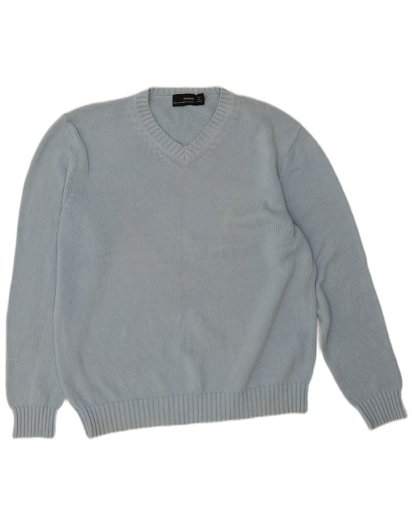 Zara Mens V-Neck Jumper Sweater Large Blue Cotton