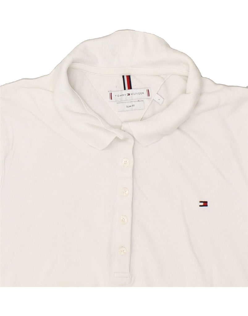 TOMMY HILFIGER Womens Slim Fit Polo Shirt UK 14 Large White Cotton | Vintage Tommy Hilfiger | Thrift | Second-Hand Tommy Hilfiger | Used Clothing | Messina Hembry 