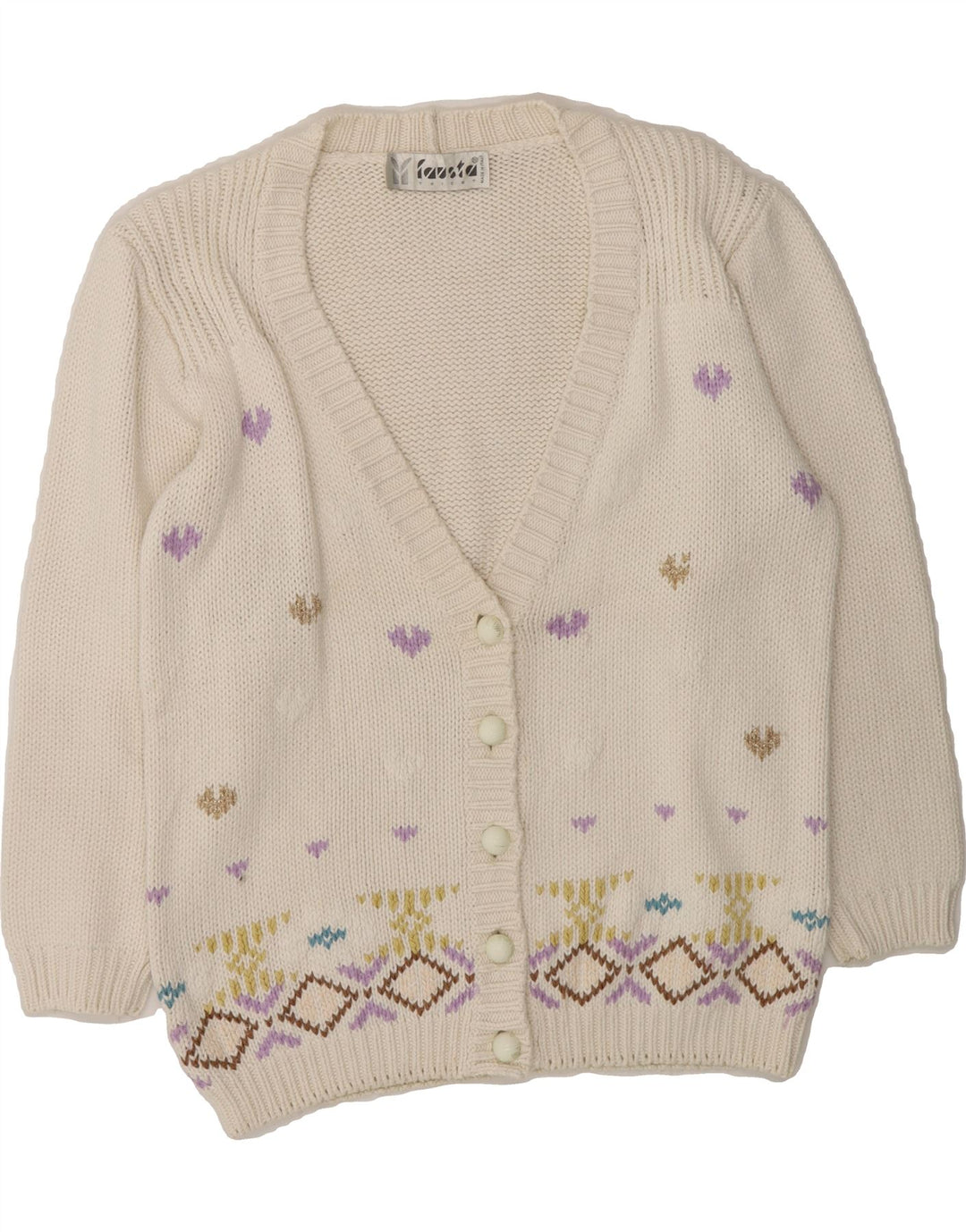 FAUSTA Womens Cardigan Sweater UK 16 Large White Fair Isle Cotton Vintage Fausta and Second-Hand Fausta from Messina Hembry 