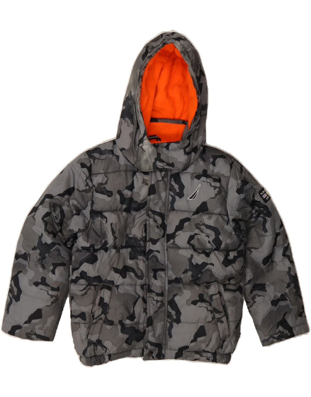 NAUTICA Boys Hooded Padded Jacket 5-6 Years Large Grey Camouflage Vintage Nautica and Second-Hand Nautica from Messina Hembry 