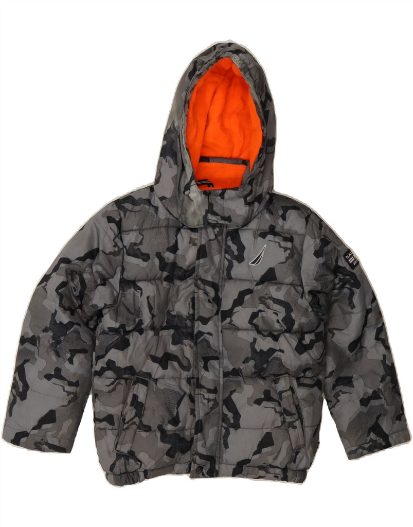 NAUTICA Boys Hooded Padded Jacket 5-6 Years Large Grey Camouflage Vintage Nautica and Second-Hand Nautica from Messina Hembry 