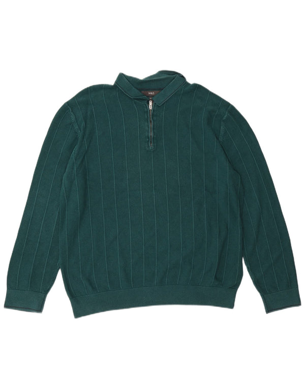 Marks & Spencer Mens Polo Neck Jumper Sweater XL Green Striped Cotton