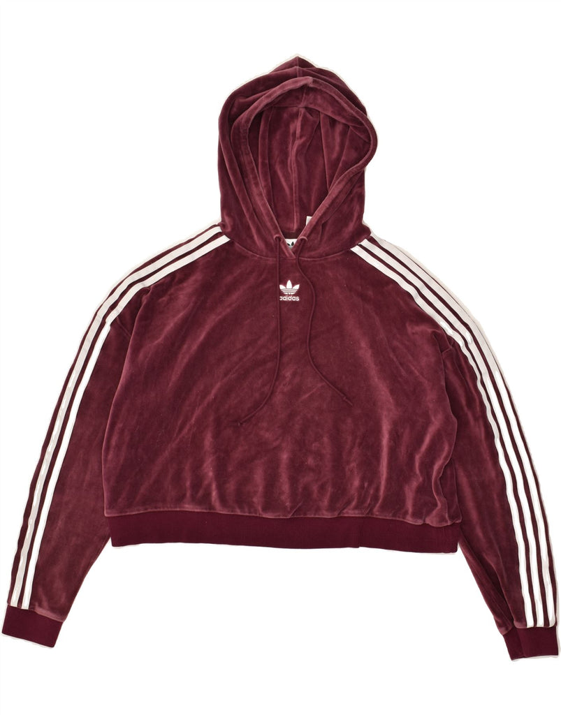 ADIDAS Womens Velour Hoodie Jumper UK 12 Medium  Maroon Cotton | Vintage Adidas | Thrift | Second-Hand Adidas | Used Clothing | Messina Hembry 