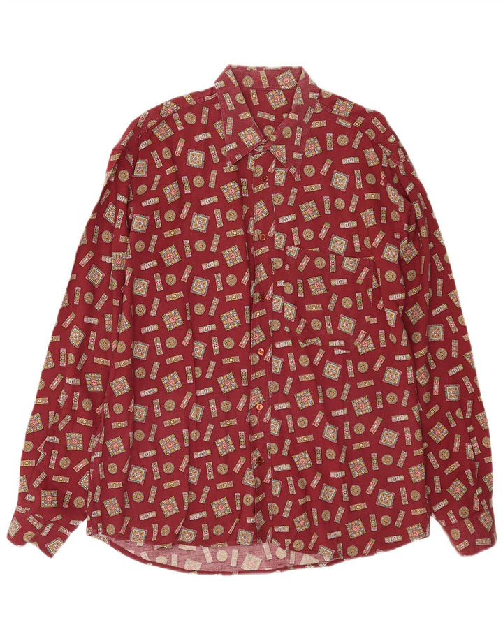 Vintage Mens Abstract Pattern Shirt Large Burgundy