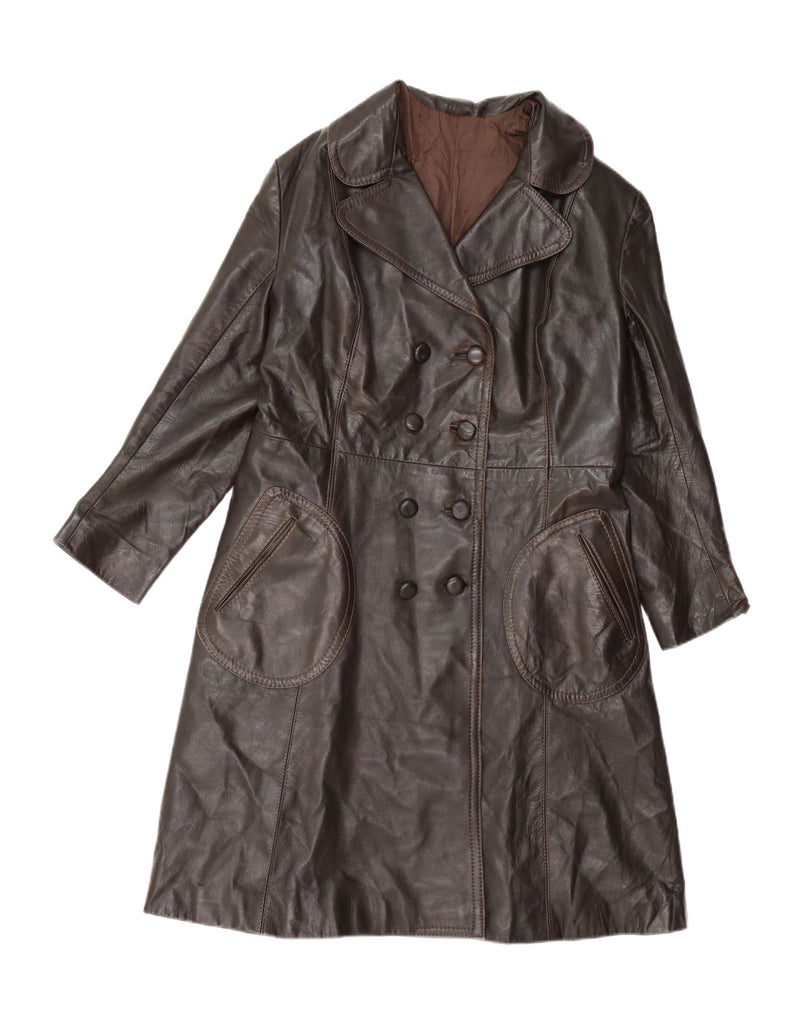 VINTAGE Womens Double Breasted Leather Coat UK 14 Medium Brown Vintage Vintage and Second-Hand Vintage from Messina Hembry 