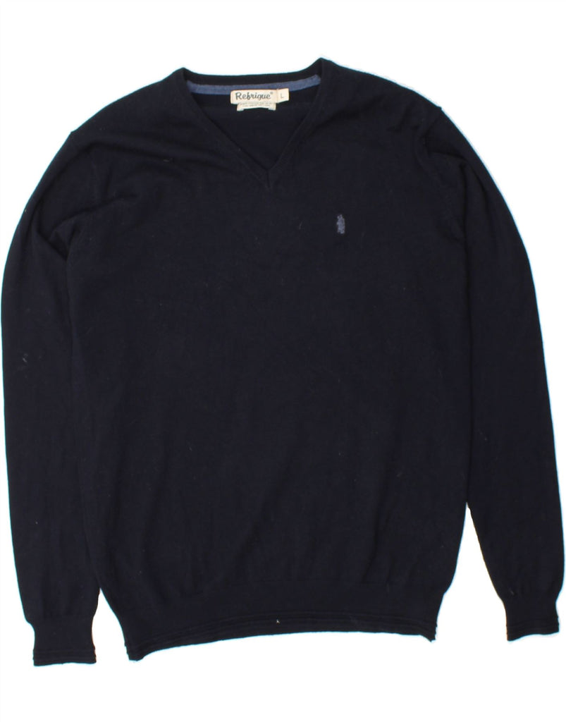REFRIGUE Mens V-Neck Jumper Sweater Large Navy Blue Viscose Vintage Refrigue and Second-Hand Refrigue from Messina Hembry 